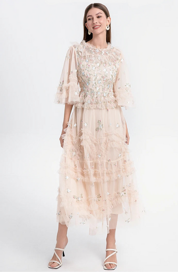 Almy Long Sleeve Flower Embroidery Mesh Ruffled Dress